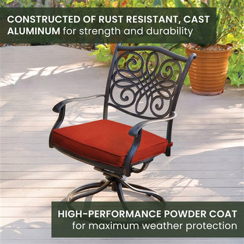 Hanover - Traditions 5pc: 4 Swivel Rockers, 48" Round Cast Table - Red/Cast-United Backyard