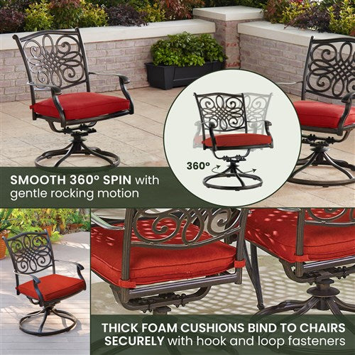 Hanover - Traditions 5pc: 4 Swivel Rockers, 48" Round Cast Table - Red/Cast-United Backyard