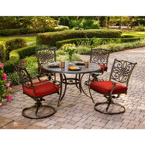 Hanover - Traditions 5pc: 4 Swivel Rockers, 48" Round Cast Table - Red/Cast-United Backyard