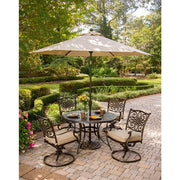 Hanover - Traditions 5pc: 4 Swivel Rockers, 48" Round Cast Table, Umbrella, Base - Tan/Cast-United Backyard