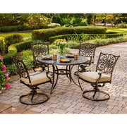 Hanover - Traditions 5pc: 4 Swivel Rockers, 48" Round Cast Table, Umbrella, Base - Tan/Cast-United Backyard