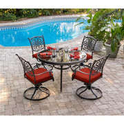 Hanover - Traditions 5pc: 4 Swivel Rockers, 48" Round Glass Top Table - Red/Glass-United Backyard