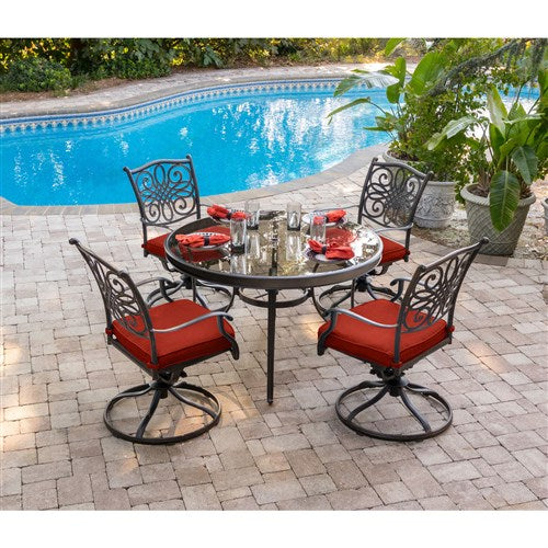 Hanover - Traditions 5pc: 4 Swivel Rockers, 48" Round Glass Top Table - Red/Glass-United Backyard