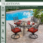 Hanover - Traditions 5pc: 4 Swivel Rockers, 48" Round Glass Top Table - Red/Glass-United Backyard