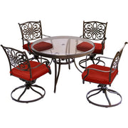 Hanover - Traditions 5pc: 4 Swivel Rockers, 48" Round Glass Top Table - Red/Glass-United Backyard