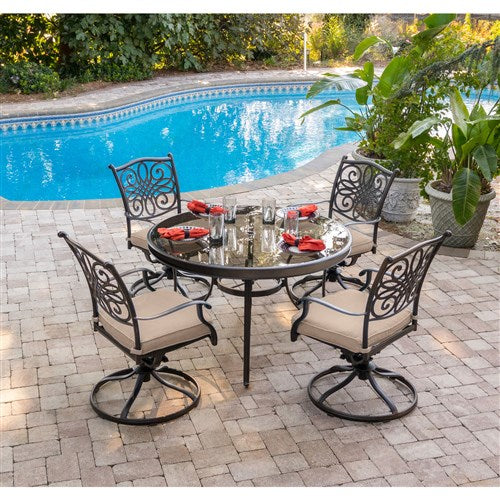 Hanover - Traditions 5pc: 4 Swivel Rockers, 48" Round Glass Top Table - Tan/Glass-United Backyard