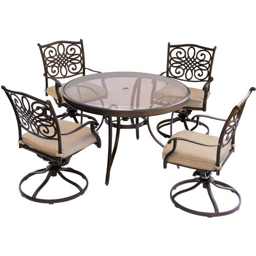 Hanover - Traditions 5pc: 4 Swivel Rockers, 48" Round Glass Top Table - Tan/Glass-United Backyard