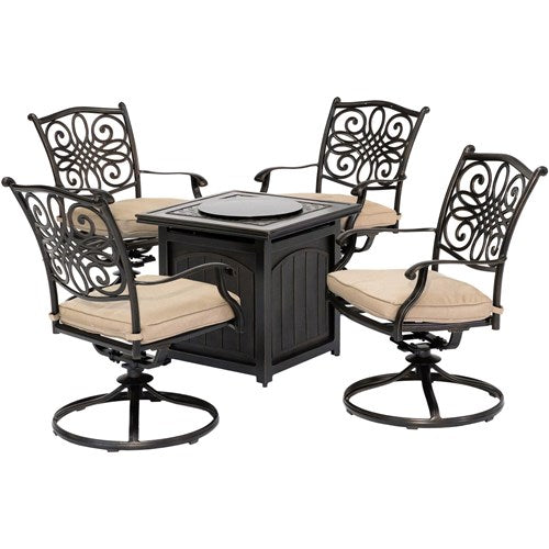 Hanover - Traditions 5pc: 4 Swivel Rockers and 26" Square Fire Pit - Tan/Bronze-United Backyard