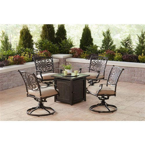 Hanover - Traditions 5pc: 4 Swivel Rockers and 26" Square Fire Pit - Tan/Bronze-United Backyard