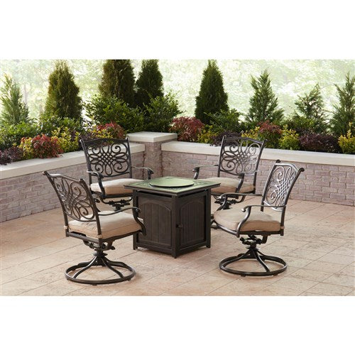 Hanover - Traditions 5pc: 4 Swivel Rockers and 26" Square Fire Pit - Tan/Bronze-United Backyard