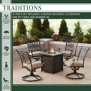 Hanover - Traditions 5pc: 4 Swivel Rockers and 26" Square Fire Pit - Tan/Bronze-United Backyard