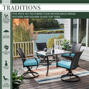 Hanover - Traditions 5pc: 4 Wicker Back Swivel Rockers, 42" Square Glass Table - Blue/Bronze-United Backyard