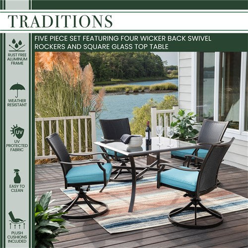 Hanover - Traditions 5pc: 4 Wicker Back Swivel Rockers, 42" Square Glass Table - Blue/Bronze-United Backyard