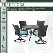 Hanover - Traditions 5pc: 4 Wicker Back Swivel Rockers, 48" Round Cast Table - Blue/Bronze-United Backyard