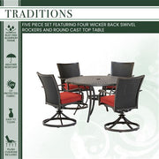 Hanover - Traditions 5pc: 4 Wicker Back Swivel Rockers, 48" Round Cast Table - Red/Bronze-United Backyard