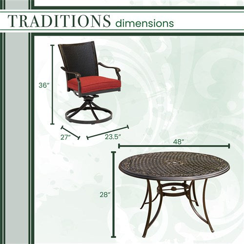 Hanover - Traditions 5pc: 4 Wicker Back Swivel Rockers, 48" Round Cast Table - Red/Bronze-United Backyard