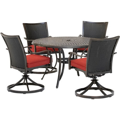 Hanover - Traditions 5pc: 4 Wicker Back Swivel Rockers, 48" Round Cast Table - Red/Bronze-United Backyard