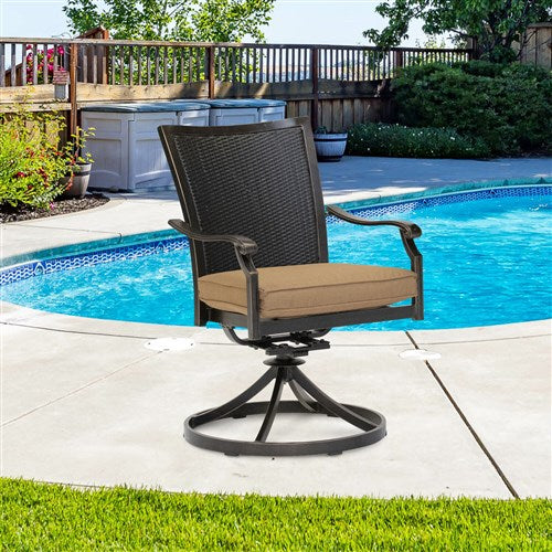 Hanover - Traditions 5pc: 4 Wicker Back Swivel Rockers, 48" Round Cast Table - Tan/Bronze-United Backyard