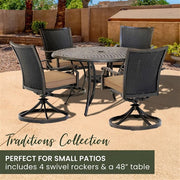 Hanover - Traditions 5pc: 4 Wicker Back Swivel Rockers, 48" Round Cast Table - Tan/Bronze-United Backyard