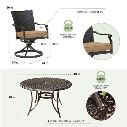 Hanover - Traditions 5pc: 4 Wicker Back Swivel Rockers, 48" Round Cast Table - Tan/Bronze-United Backyard