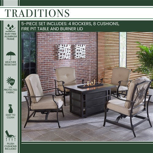 Hanover - Traditions 5pc Fire Pit: 4 Cushioned Rockers, Rectangle KD Fire Pit w/Tile - Tan/Tile-United Backyard