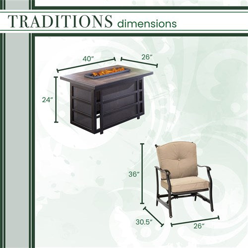 Hanover - Traditions 5pc Fire Pit: 4 Cushioned Rockers, Rectangle KD Fire Pit w/Tile - Tan/Tile-United Backyard