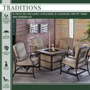 Hanover - Traditions 5pc Fire Pit: 4 Cushioned Rockers, Square KD Fire Pit w/Tile - Tan/Tile-United Backyard