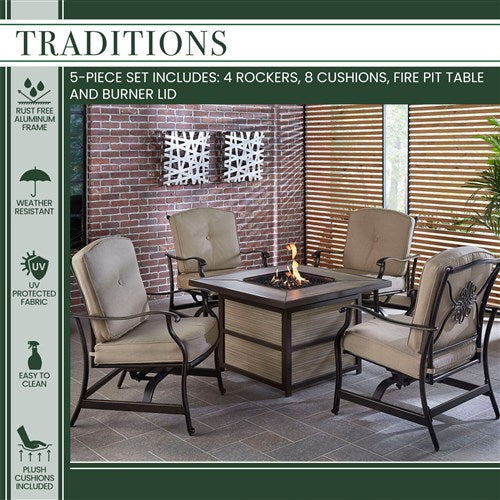 Hanover - Traditions 5pc Fire Pit: 4 Cushioned Rockers, Square KD Fire Pit w/Tile - Tan/Tile-United Backyard