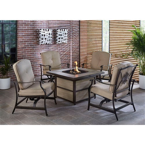 Hanover - Traditions 5pc Fire Pit: 4 Cushioned Rockers, Square KD Fire Pit w/Tile - Tan/Tile-United Backyard