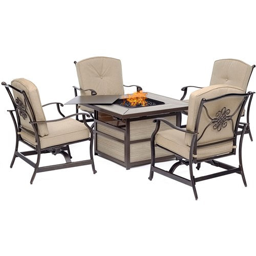 Hanover - Traditions 5pc Fire Pit: 4 Cushioned Rockers, Square KD Fire Pit w/Tile - Tan/Tile-United Backyard