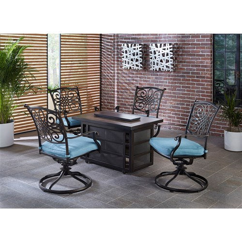 Hanover - Traditions 5pc Fire Pit: 4 Swivel Rockers, Rectangle KD Fire Pit w/Tile - Blue/Tile-United Backyard