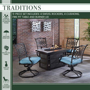 Hanover - Traditions 5pc Fire Pit: 4 Swivel Rockers, Rectangle KD Fire Pit w/Tile - Blue/Tile-United Backyard