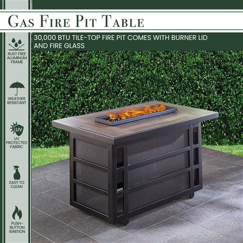 Hanover - Traditions 5pc Fire Pit: 4 Swivel Rockers, Rectangle KD Fire Pit w/Tile - Blue/Tile-United Backyard