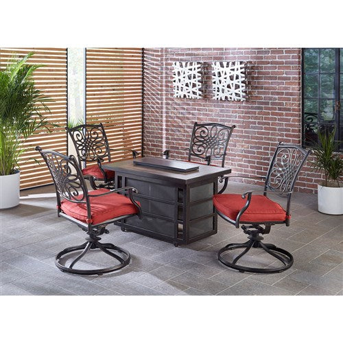 Hanover - Traditions 5pc Fire Pit: 4 Swivel Rockers, Rectangle KD Fire Pit w/Tile - Red/Tile-United Backyard