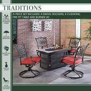 Hanover - Traditions 5pc Fire Pit: 4 Swivel Rockers, Rectangle KD Fire Pit w/Tile - Red/Tile-United Backyard