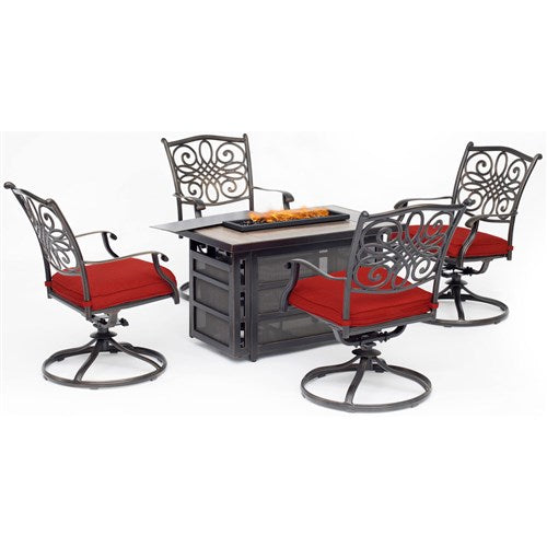 Hanover - Traditions 5pc Fire Pit: 4 Swivel Rockers, Rectangle KD Fire Pit w/Tile - Red/Tile-United Backyard