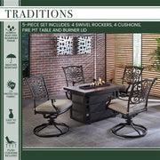 Hanover - Traditions 5pc Fire Pit: 4 Swivel Rockers, Rectangle KD Fire Pit w/Tile - Tan/Tile-United Backyard