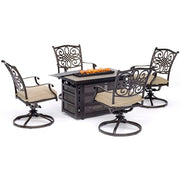Hanover - Traditions 5pc Fire Pit: 4 Swivel Rockers, Rectangle KD Fire Pit w/Tile - Tan/Tile-United Backyard