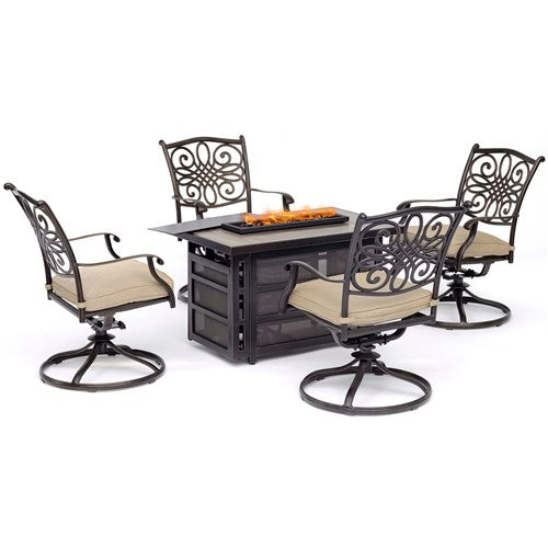 Hanover - Traditions 5pc Fire Pit: 4 Swivel Rockers, Rectangle KD Fire Pit w/Tile - Tan/Tile-United Backyard