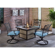 Hanover - Traditions 5pc Fire Pit: 4 Swivel Rockers, Square KD Fire Pit w/Tile - Blue/Tile-United Backyard
