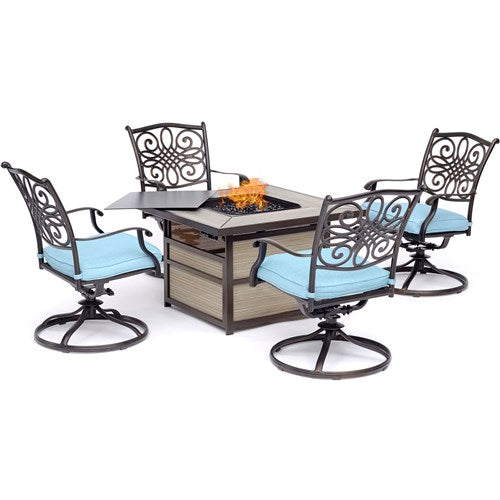 Hanover - Traditions 5pc Fire Pit: 4 Swivel Rockers, Square KD Fire Pit w/Tile - Blue/Tile-United Backyard