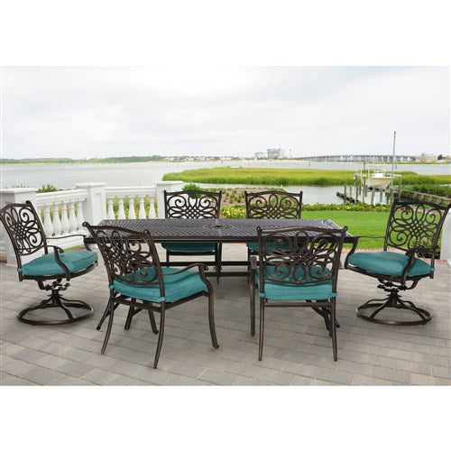 Hanover - Traditions 7pc: 4 Dining Chairs, 2 Swivel Rockers, 38x72" Cast Table - Blue/Cast-United Backyard
