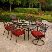Hanover - Traditions 7pc: 4 Dining Chairs, 2 Swivel Rockers, 38x72" Cast Table - Red/Cast-United Backyard