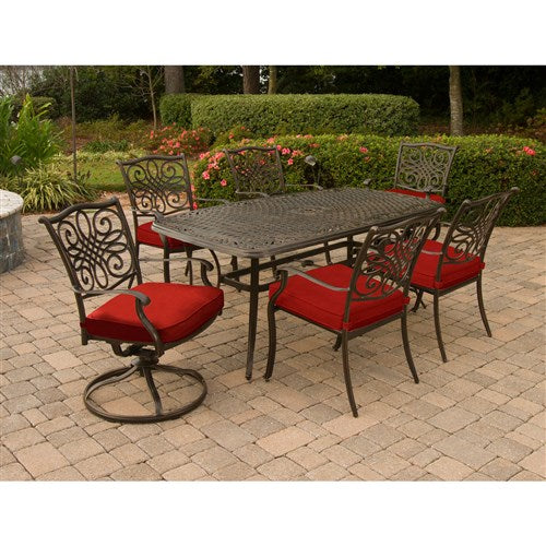 Hanover - Traditions 7pc: 4 Dining Chairs, 2 Swivel Rockers, 38x72" Cast Table - Red/Cast-United Backyard