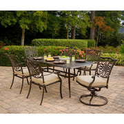 Hanover - Traditions 7pc: 4 Dining Chairs, 2 Swivel Rockers, 38x72" Cast Table, Umbrella, Base - Tan/Cast-United Backyard
