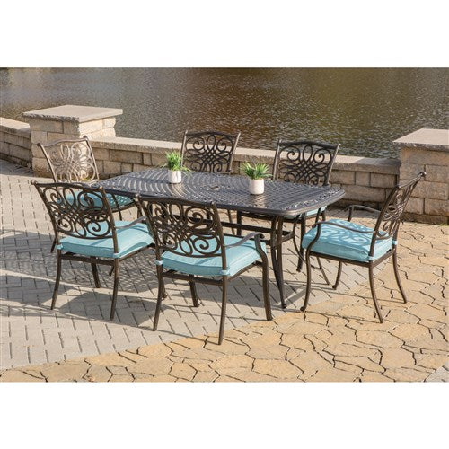Hanover - Traditions 7pc: 6 Dining Chairs, 38x72" Cast Table - Blue/Cast-United Backyard