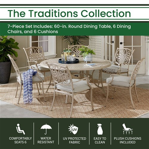 Hanover - Traditions 7pc: 6 Dining Chairs, 60" Round Cast Table - Sand/Beige-United Backyard