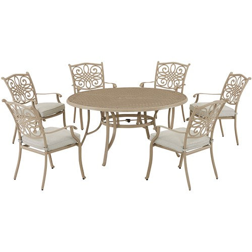 Hanover - Traditions 7pc: 6 Dining Chairs, 60" Round Cast Table - Sand/Beige-United Backyard
