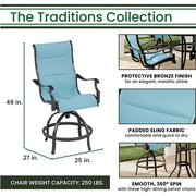 Hanover - Traditions 7pc: 6 Padded Swivel Center Height Chairs, 56" Cast Table, Umbrella, Base - Blue/Bronze-United Backyard