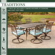 Hanover - Traditions 7pc: 6 Swivel Rockers, 38x72" Cast Table - Blue/Cast-United Backyard
